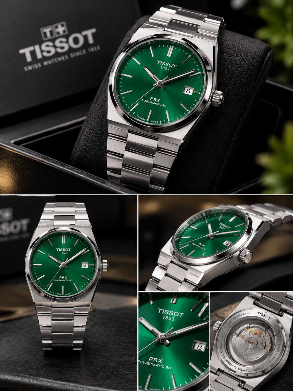 "Tissot PRX Style Stainless Steel Watch – Green, Black, Silver & Blue Dial Collection"