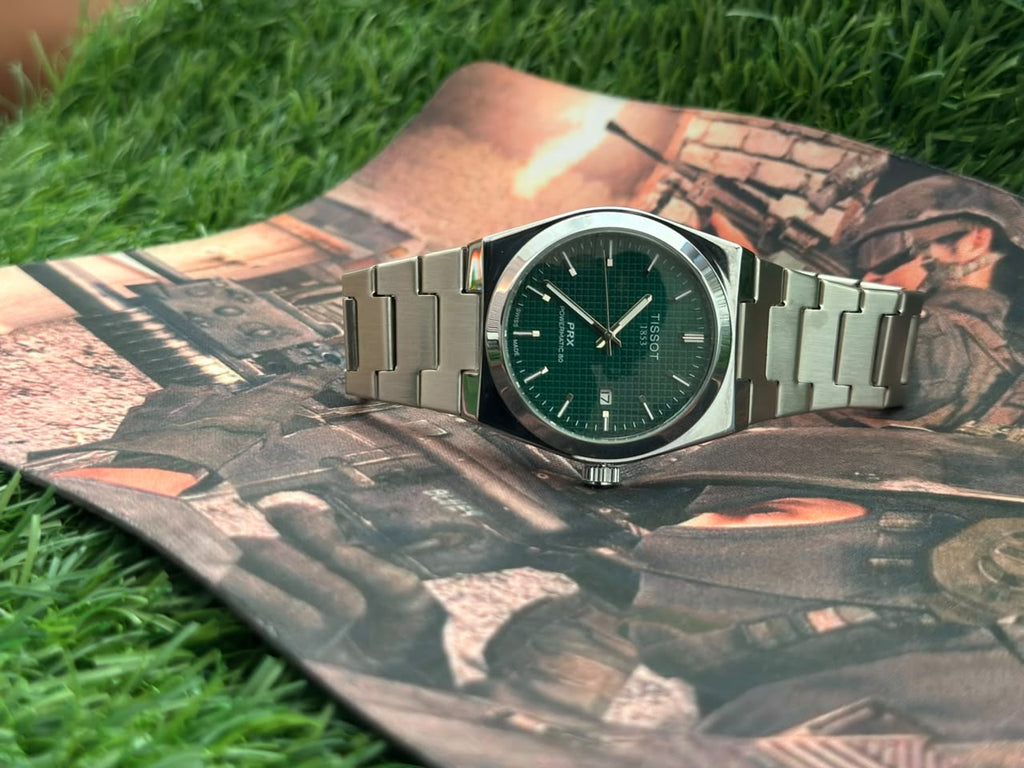 "Tissot PRX Style Stainless Steel Watch – Green, Black, Silver & Blue Dial Collection"