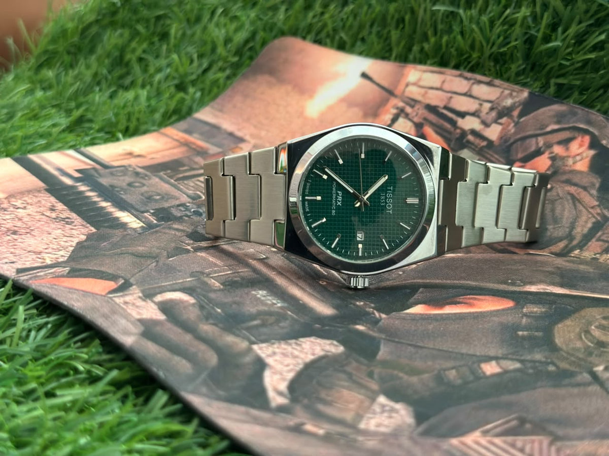 "Tissot PRX Style Stainless Steel Watch – Green, Black, Silver & Blue Dial Collection"